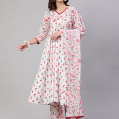 Pink Pure Cotton Floral V Neck A-Line Kurta, Pant & Dupatta Set For Women Mizaz Jaipur