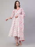 Pink Pure Cotton Floral V Neck A-Line Kurta, Pant & Dupatta Set For Women Mizaz Jaipur