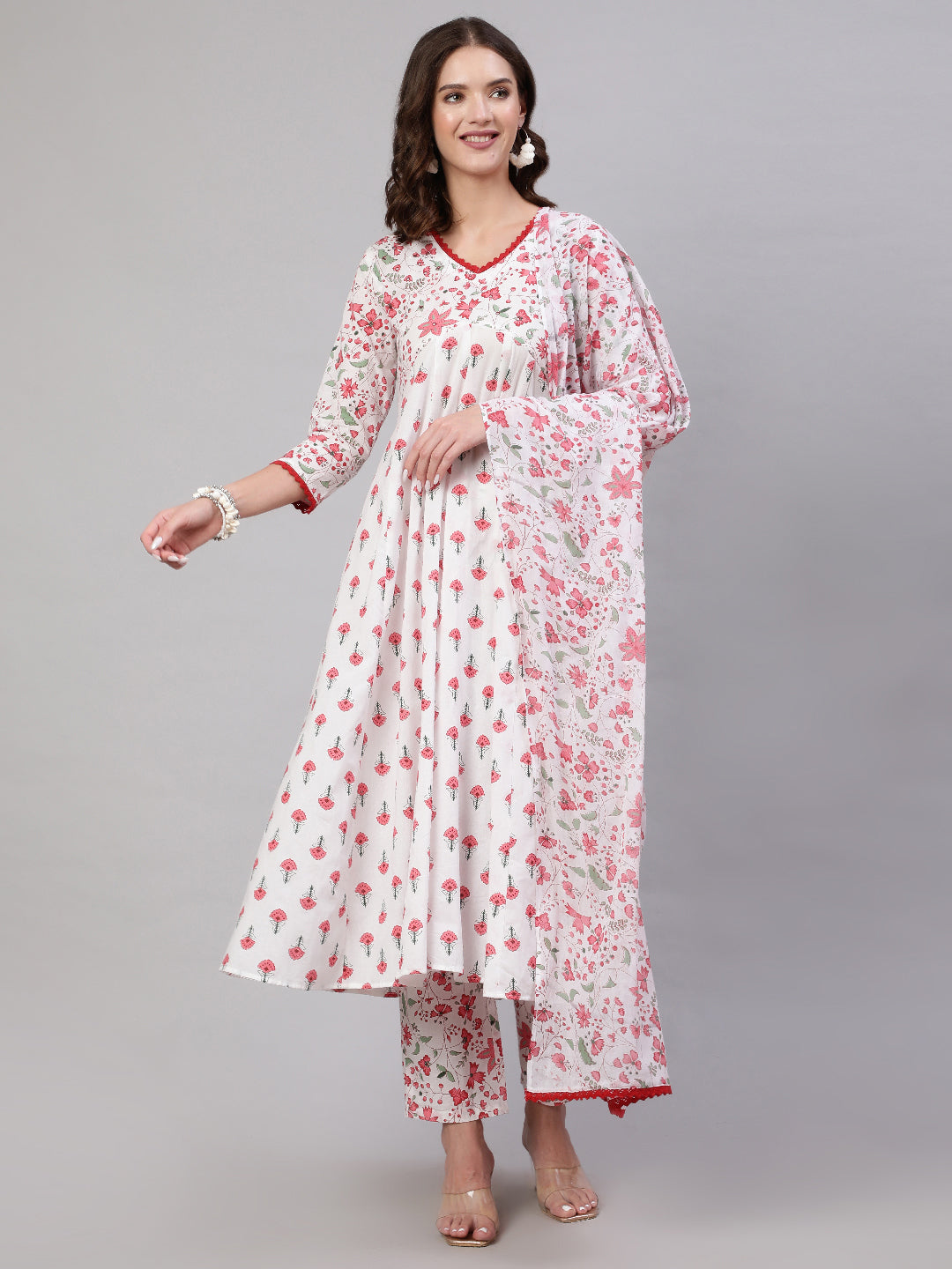 Pink Pure Cotton Floral V Neck A-Line Kurta, Pant & Dupatta Set For Women Mizaz Jaipur