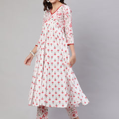 Pink Pure Cotton Floral V Neck A-Line Kurta, Pant & Dupatta Set For Women Mizaz Jaipur