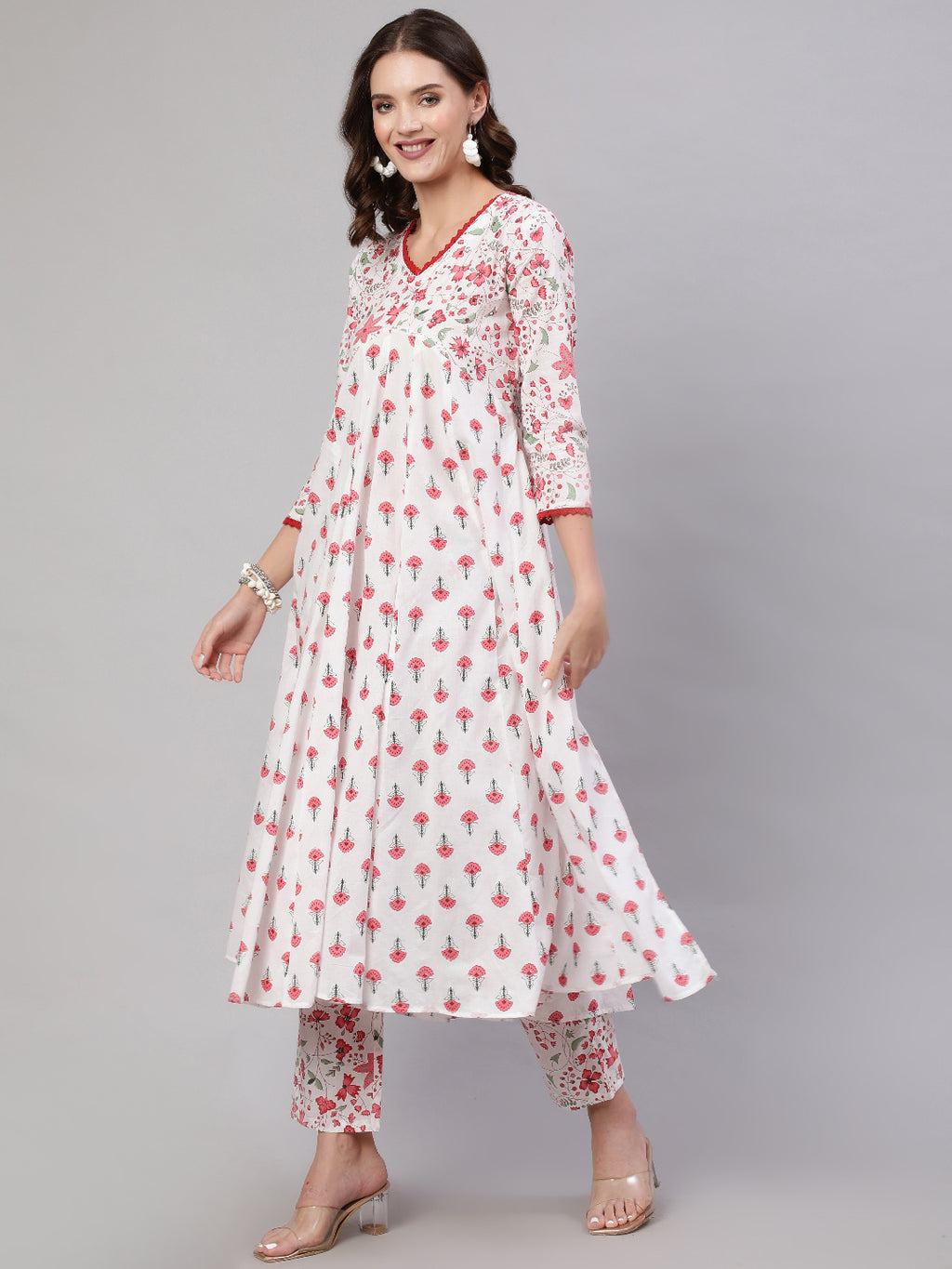 Pink Pure Cotton Floral V Neck A-Line Kurta, Pant & Dupatta Set For Women Mizaz Jaipur