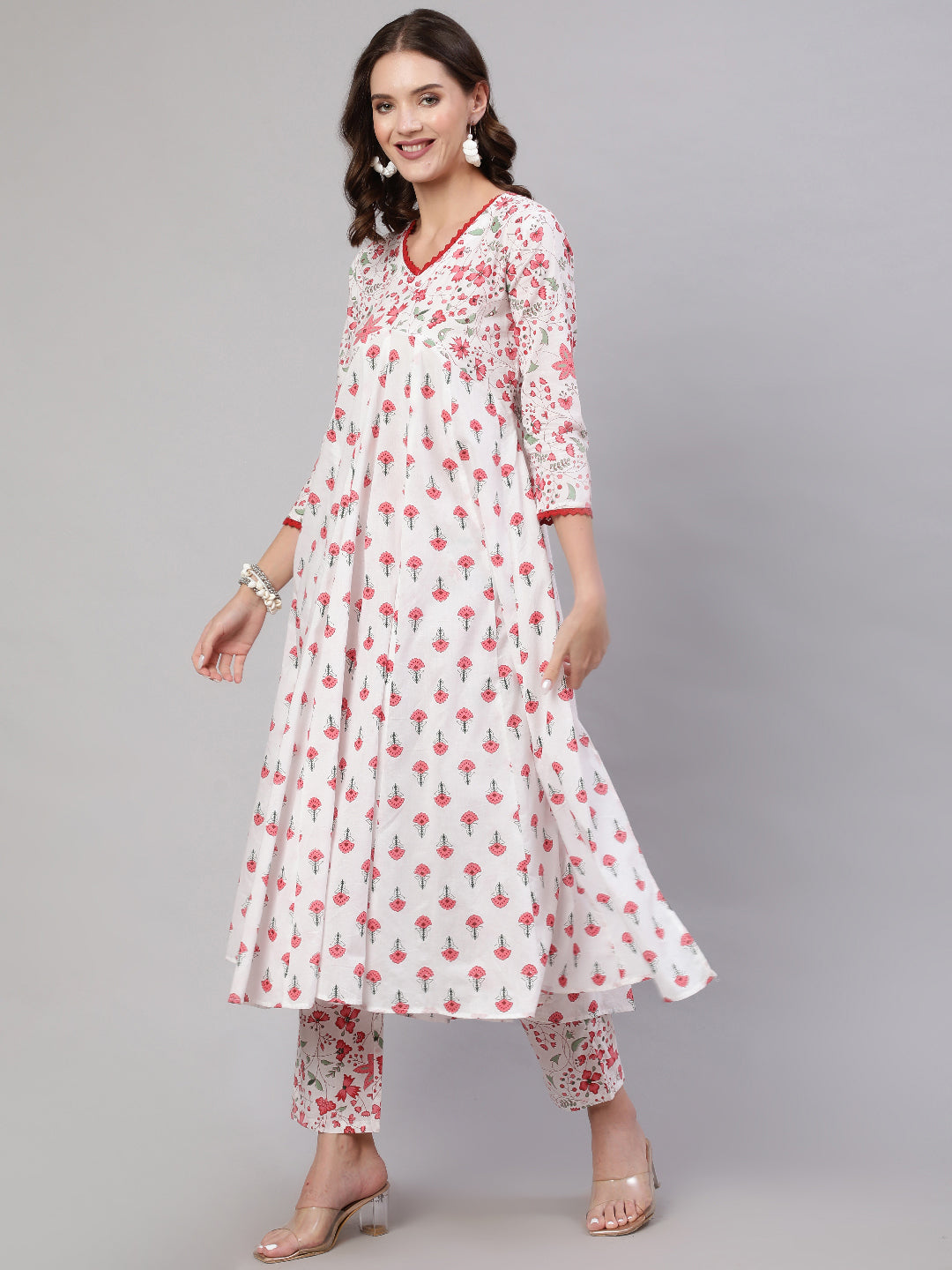 Pink Pure Cotton Floral V Neck A-Line Kurta, Pant & Dupatta Set For Women Mizaz Jaipur