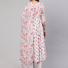 Pink Pure Cotton Floral V Neck A-Line Kurta, Pant & Dupatta Set For Women Mizaz Jaipur