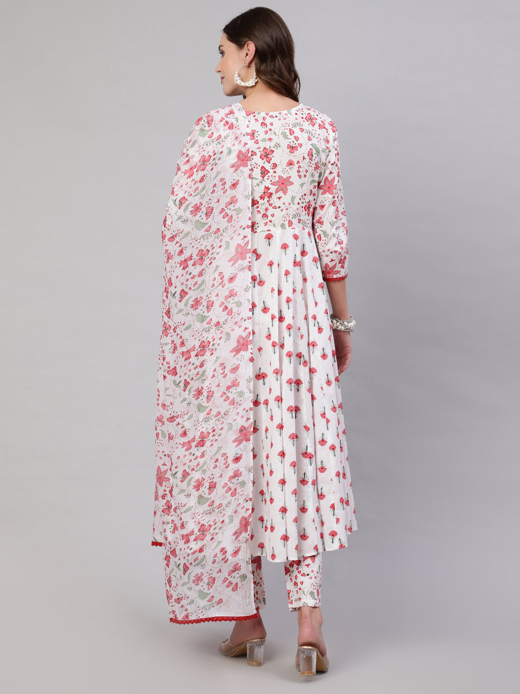 Pink Pure Cotton Floral V Neck A-Line Kurta, Pant & Dupatta Set For Women Mizaz Jaipur