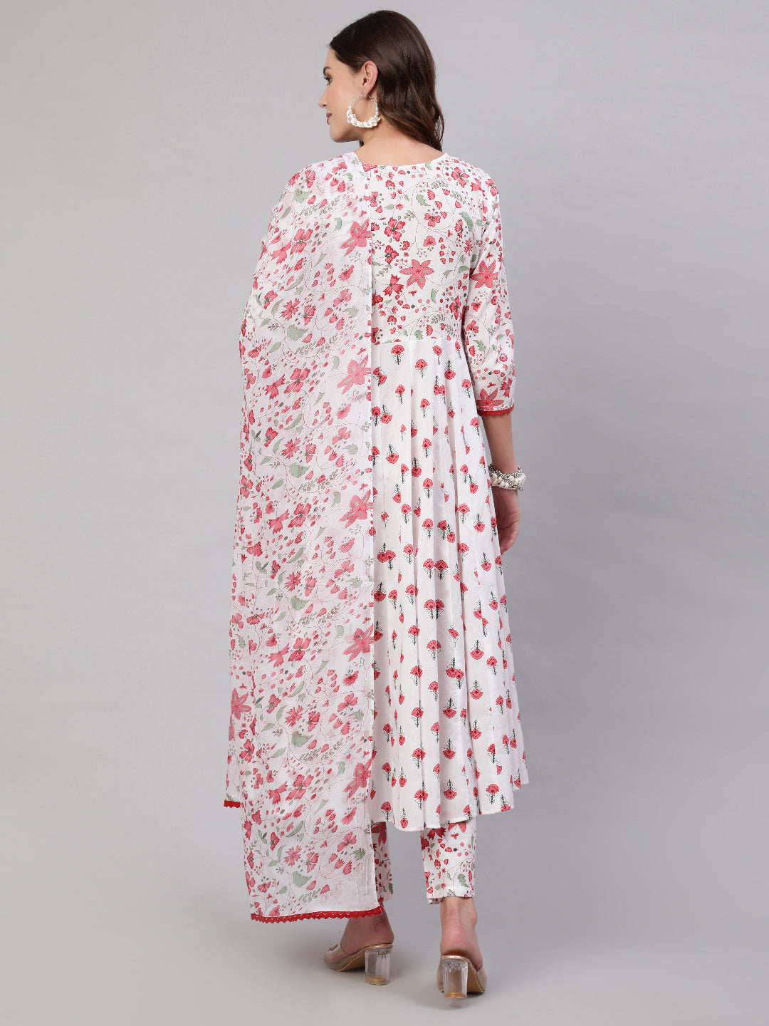 Pink Pure Cotton Floral V Neck A-Line Kurta, Pant & Dupatta Set For Women Mizaz Jaipur