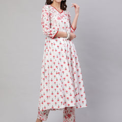 Pink Pure Cotton Floral V Neck A-Line Kurta, Pant & Dupatta Set For Women Mizaz Jaipur