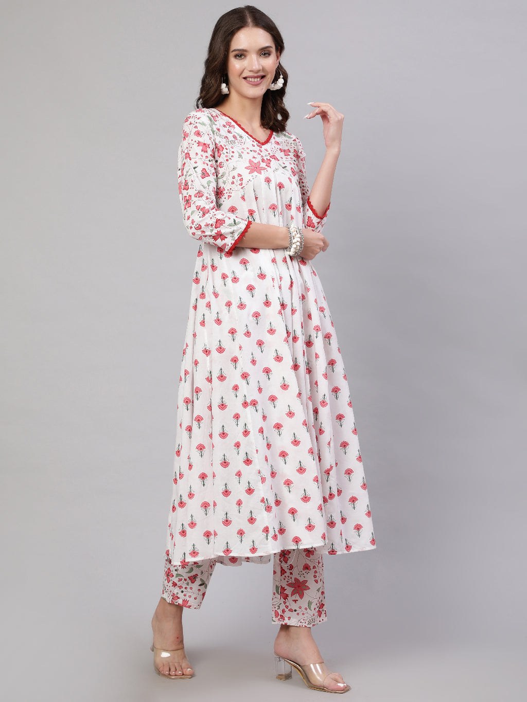 Pink Pure Cotton Floral V Neck A-Line Kurta, Pant & Dupatta Set For Women Mizaz Jaipur