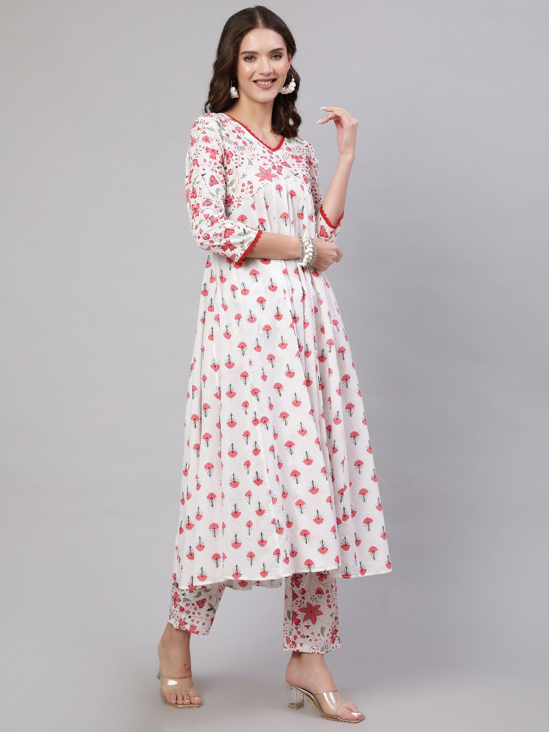 Pink Pure Cotton Floral V Neck A-Line Kurta, Pant & Dupatta Set For Women Mizaz Jaipur