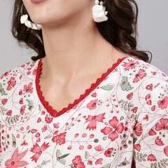 Pink Pure Cotton Floral V Neck A-Line Kurta, Pant & Dupatta Set For Women Mizaz Jaipur