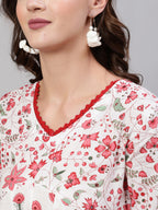 Pink Pure Cotton Floral V Neck A-Line Kurta, Pant & Dupatta Set For Women Mizaz Jaipur