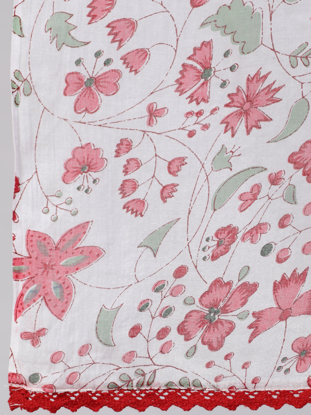 Pink Pure Cotton Floral V Neck A-Line Kurta, Pant & Dupatta Set For Women Mizaz Jaipur