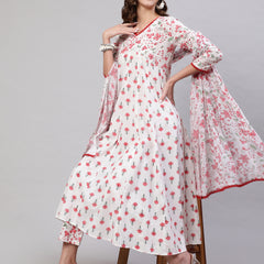 Pink Pure Cotton Floral V Neck A-Line Kurta, Pant & Dupatta Set For Women Mizaz Jaipur