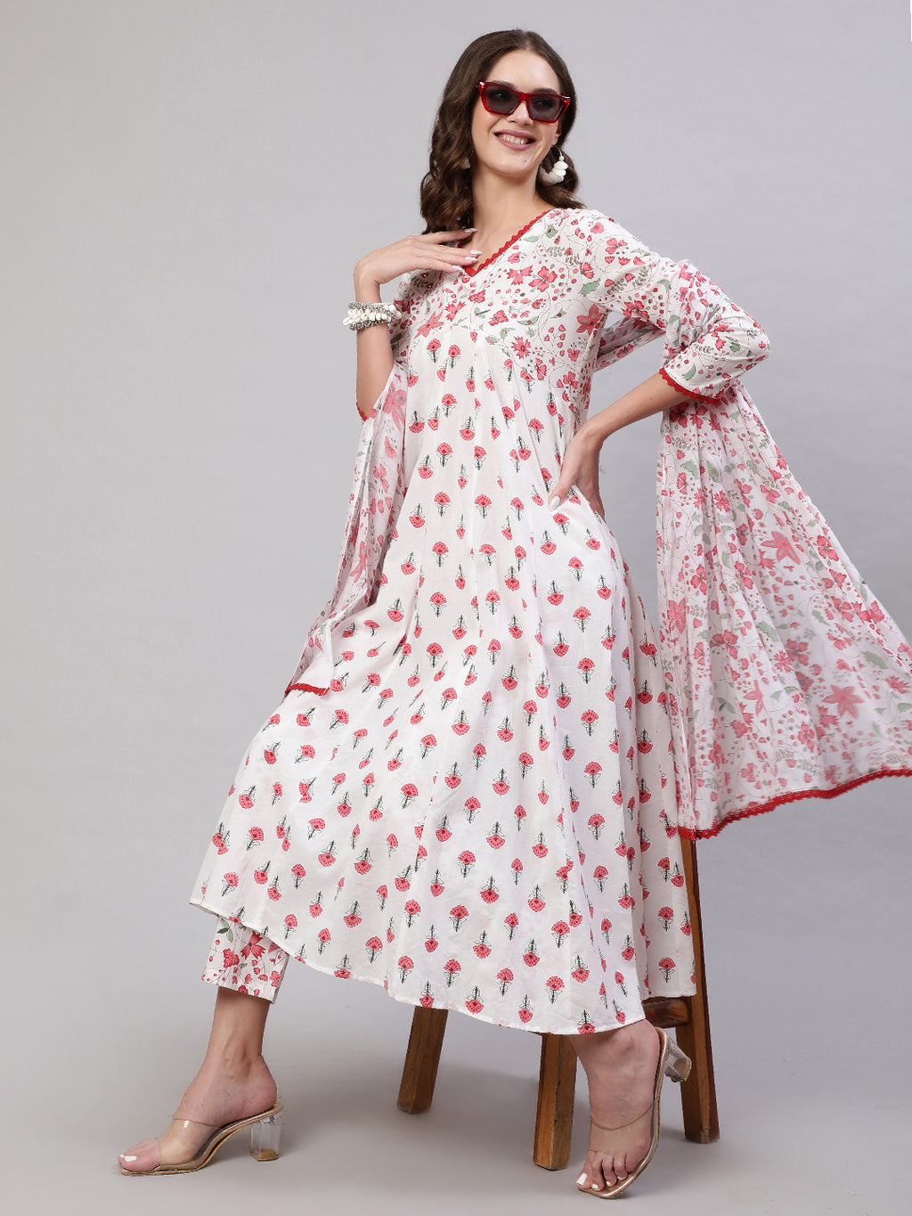 Pink Pure Cotton Floral V Neck A-Line Kurta, Pant & Dupatta Set For Women Mizaz Jaipur