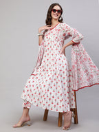 Pink Pure Cotton Floral V Neck A-Line Kurta, Pant & Dupatta Set For Women Mizaz Jaipur