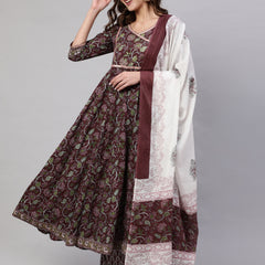 Brown Pure Cotton Floral V Neck Anarkali Kurta, Pant & Dupatta Set For Women Mizaz Jaipur