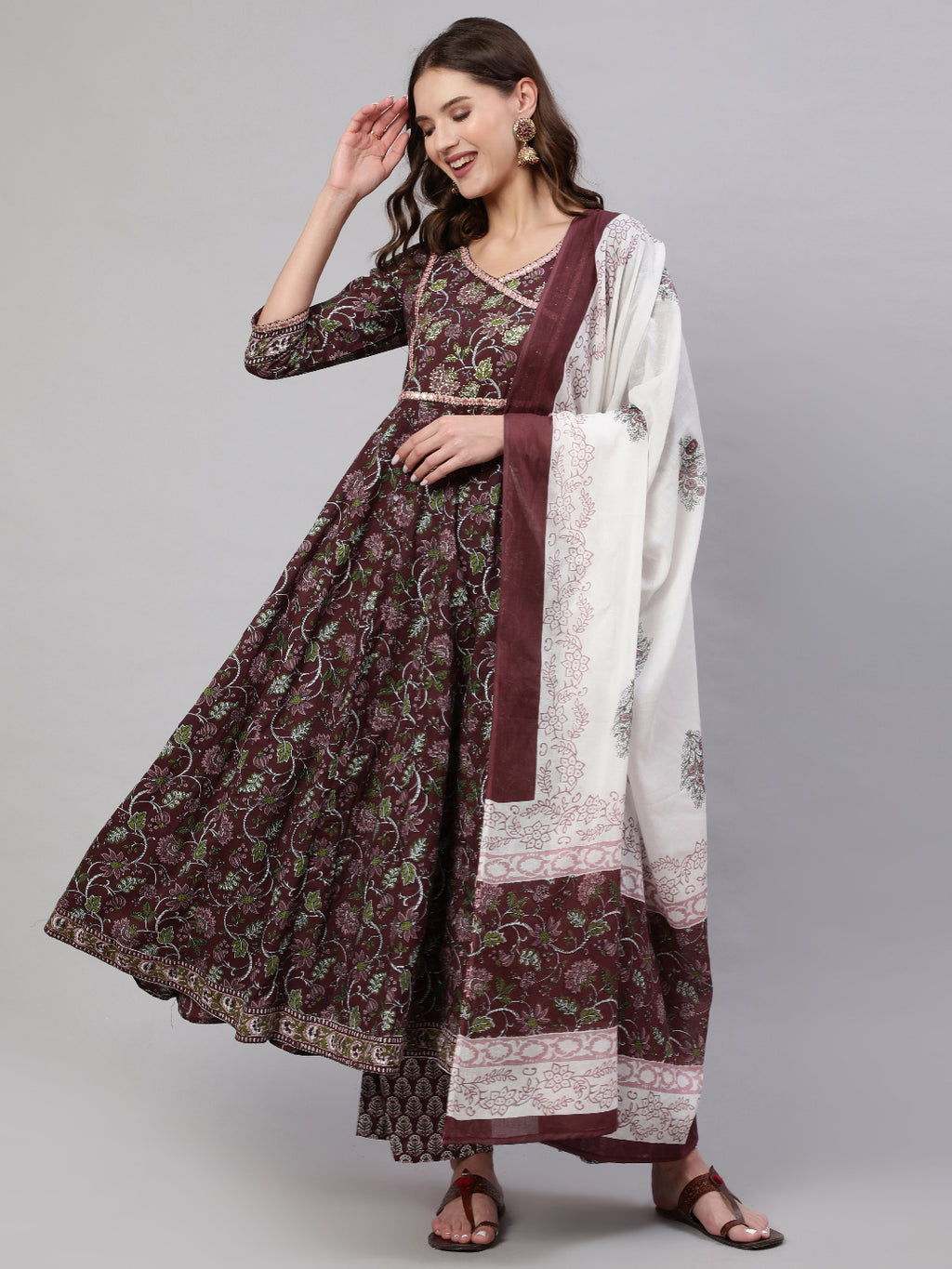 Brown Pure Cotton Floral V Neck Anarkali Kurta, Pant & Dupatta Set For Women Mizaz Jaipur