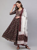 Brown Pure Cotton Floral V Neck Anarkali Kurta, Pant & Dupatta Set For Women Mizaz Jaipur