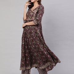Brown Pure Cotton Floral V Neck Anarkali Kurta, Pant & Dupatta Set For Women Mizaz Jaipur
