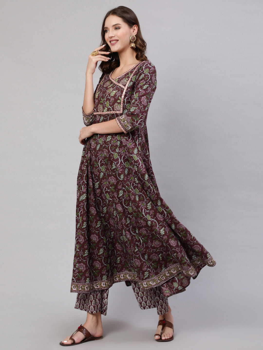 Brown Pure Cotton Floral V Neck Anarkali Kurta, Pant & Dupatta Set For Women Mizaz Jaipur