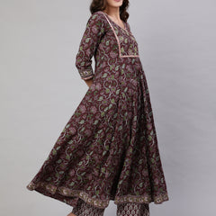 Brown Pure Cotton Floral V Neck Anarkali Kurta, Pant & Dupatta Set For Women Mizaz Jaipur