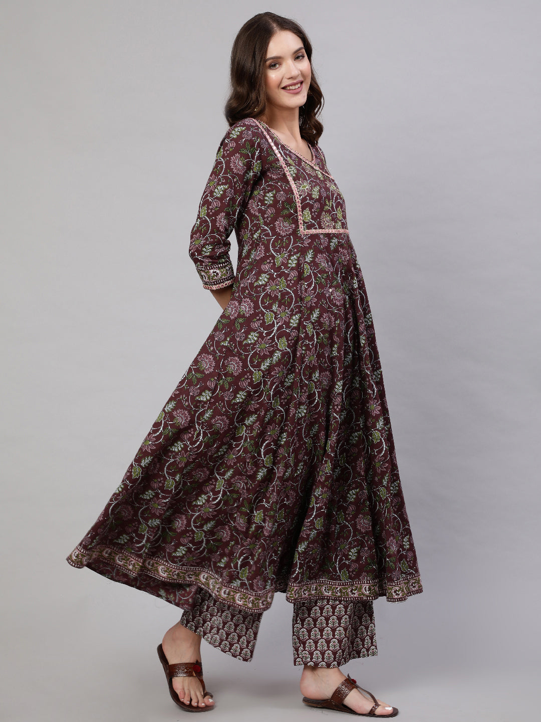 Brown Pure Cotton Floral V Neck Anarkali Kurta, Pant & Dupatta Set For Women Mizaz Jaipur
