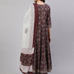 Brown Pure Cotton Floral V Neck Anarkali Kurta, Pant & Dupatta Set For Women Mizaz Jaipur