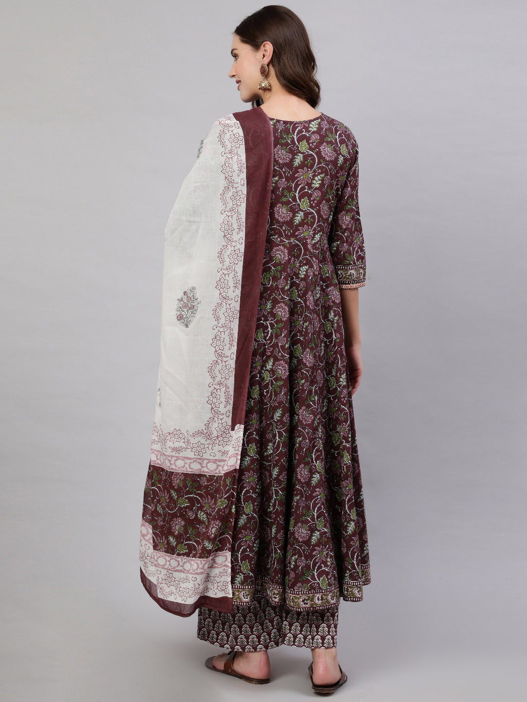 Brown Pure Cotton Floral V Neck Anarkali Kurta, Pant & Dupatta Set For Women Mizaz Jaipur