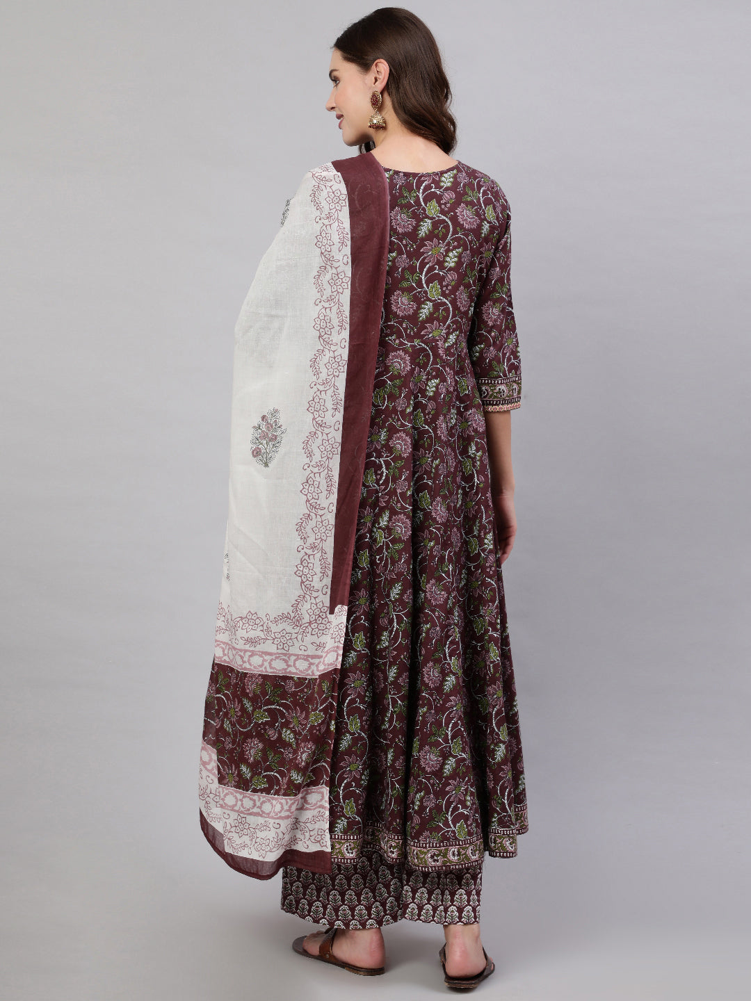 Brown Pure Cotton Floral V Neck Anarkali Kurta, Pant & Dupatta Set For Women Mizaz Jaipur