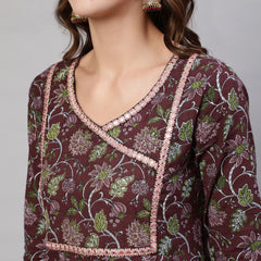 Brown Pure Cotton Floral V Neck Anarkali Kurta, Pant & Dupatta Set For Women Mizaz Jaipur