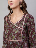 Brown Pure Cotton Floral V Neck Anarkali Kurta, Pant & Dupatta Set For Women Mizaz Jaipur