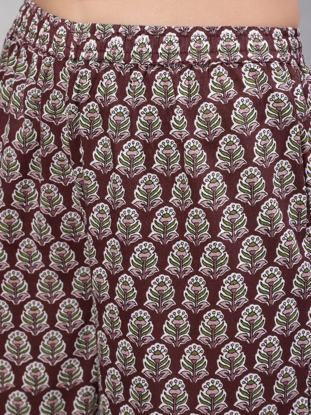 Brown Pure Cotton Floral V Neck Anarkali Kurta, Pant & Dupatta Set For Women Mizaz Jaipur