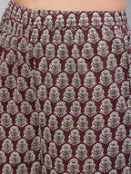 Brown Pure Cotton Floral V Neck Anarkali Kurta, Pant & Dupatta Set For Women Mizaz Jaipur