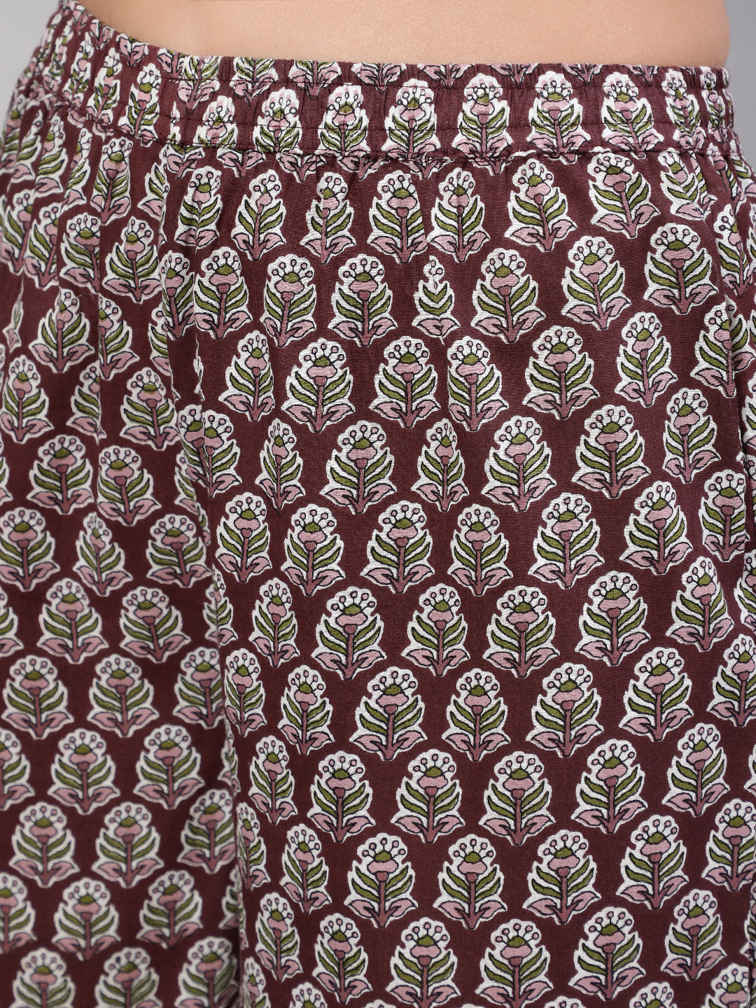 Brown Pure Cotton Floral V Neck Anarkali Kurta, Pant & Dupatta Set For Women Mizaz Jaipur