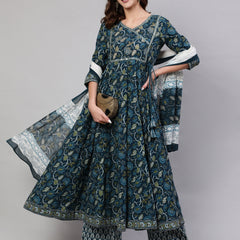 Navy Blue Pure Cotton Floral V Neck Anarkali Kurta, Pant & Dupatta Set For Women Mizaz Jaipur
