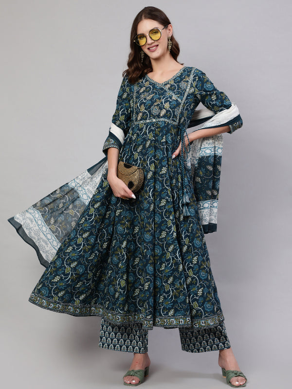 Navy Blue Pure Cotton Floral V Neck Anarkali Kurta, Pant & Dupatta Set For Women Mizaz Jaipur