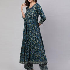 Navy Blue Pure Cotton Floral V Neck Anarkali Kurta, Pant & Dupatta Set For Women Mizaz Jaipur