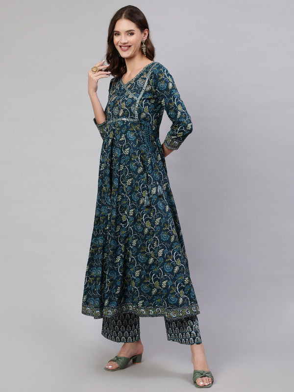 Navy Blue Pure Cotton Floral V Neck Anarkali Kurta, Pant & Dupatta Set For Women Mizaz Jaipur