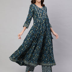 Navy Blue Pure Cotton Floral V Neck Anarkali Kurta, Pant & Dupatta Set For Women Mizaz Jaipur