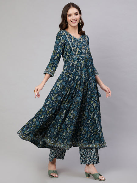 Navy Blue Pure Cotton Floral V Neck Anarkali Kurta, Pant & Dupatta Set For Women Mizaz Jaipur