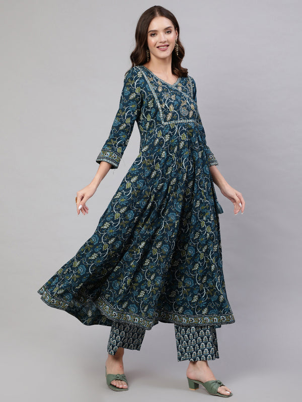 Navy Blue Pure Cotton Floral V Neck Anarkali Kurta, Pant & Dupatta Set For Women Mizaz Jaipur