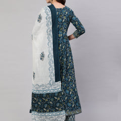 Navy Blue Pure Cotton Floral V Neck Anarkali Kurta, Pant & Dupatta Set For Women Mizaz Jaipur
