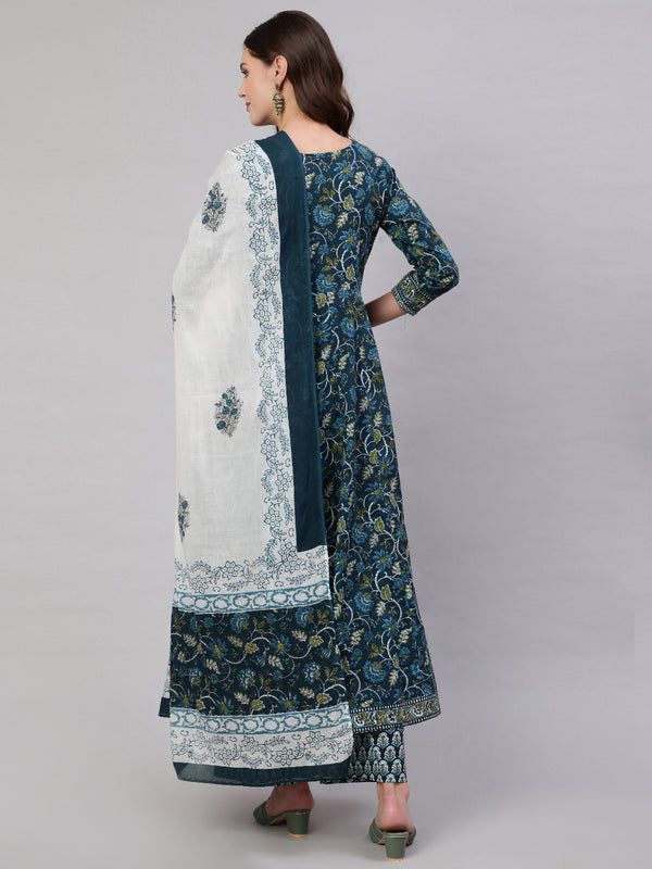 Navy Blue Pure Cotton Floral V Neck Anarkali Kurta, Pant & Dupatta Set For Women Mizaz Jaipur