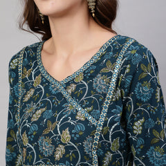 Navy Blue Pure Cotton Floral V Neck Anarkali Kurta, Pant & Dupatta Set For Women Mizaz Jaipur
