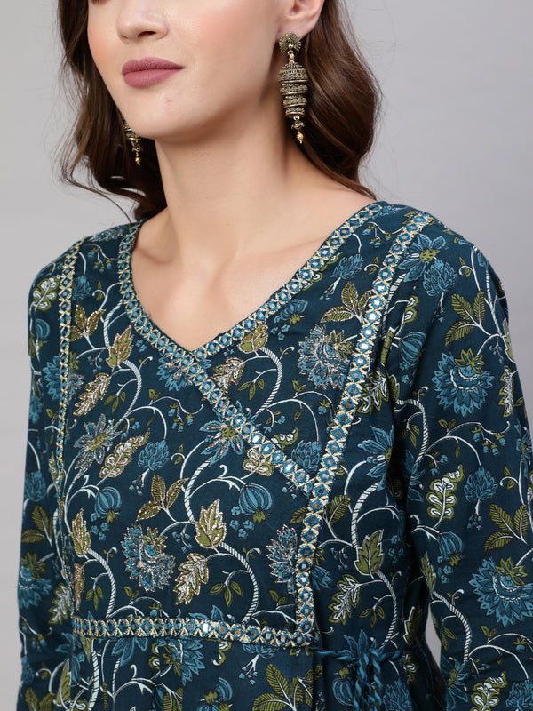 Navy Blue Pure Cotton Floral V Neck Anarkali Kurta, Pant & Dupatta Set For Women Mizaz Jaipur