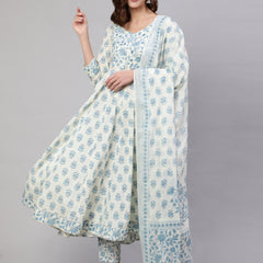 White Pure Cotton Floral V Neck Anarkali Kurta, Pant & Dupatta Set For Women Mizaz Jaipur