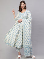 White Pure Cotton Floral V Neck Anarkali Kurta, Pant & Dupatta Set For Women Mizaz Jaipur