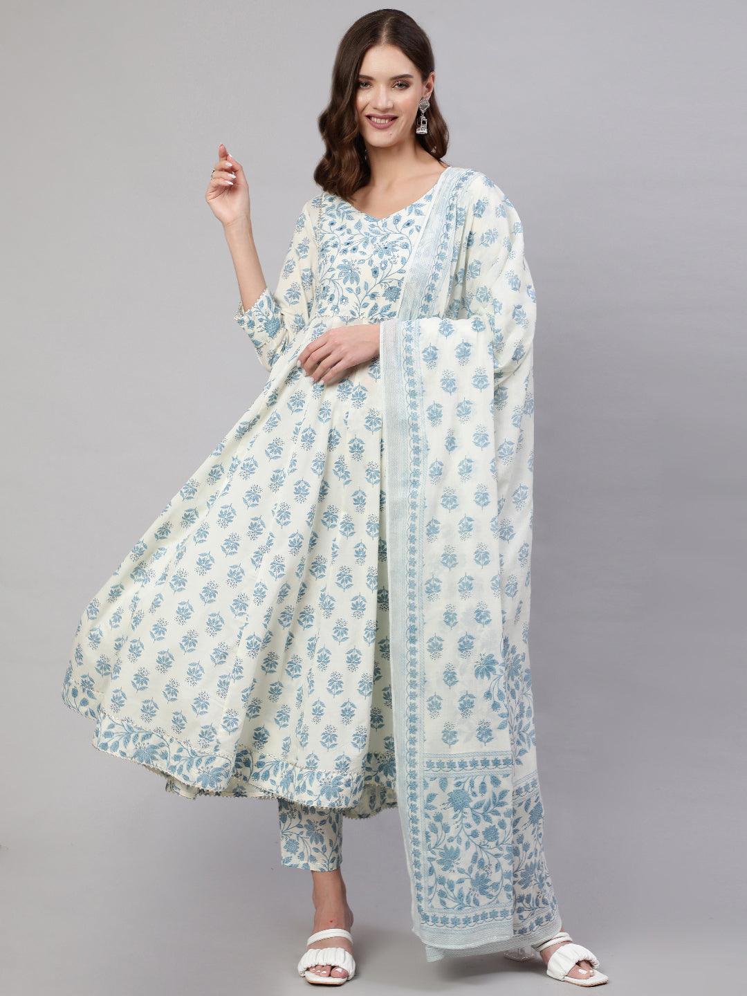 White Pure Cotton Floral V Neck Anarkali Kurta, Pant & Dupatta Set For Women Mizaz Jaipur