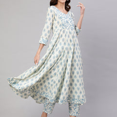 White Pure Cotton Floral V Neck Anarkali Kurta, Pant & Dupatta Set For Women Mizaz Jaipur