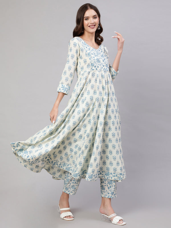White Pure Cotton Floral V Neck Anarkali Kurta, Pant & Dupatta Set For Women Mizaz Jaipur