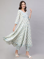 White Pure Cotton Floral V Neck Anarkali Kurta, Pant & Dupatta Set For Women Mizaz Jaipur